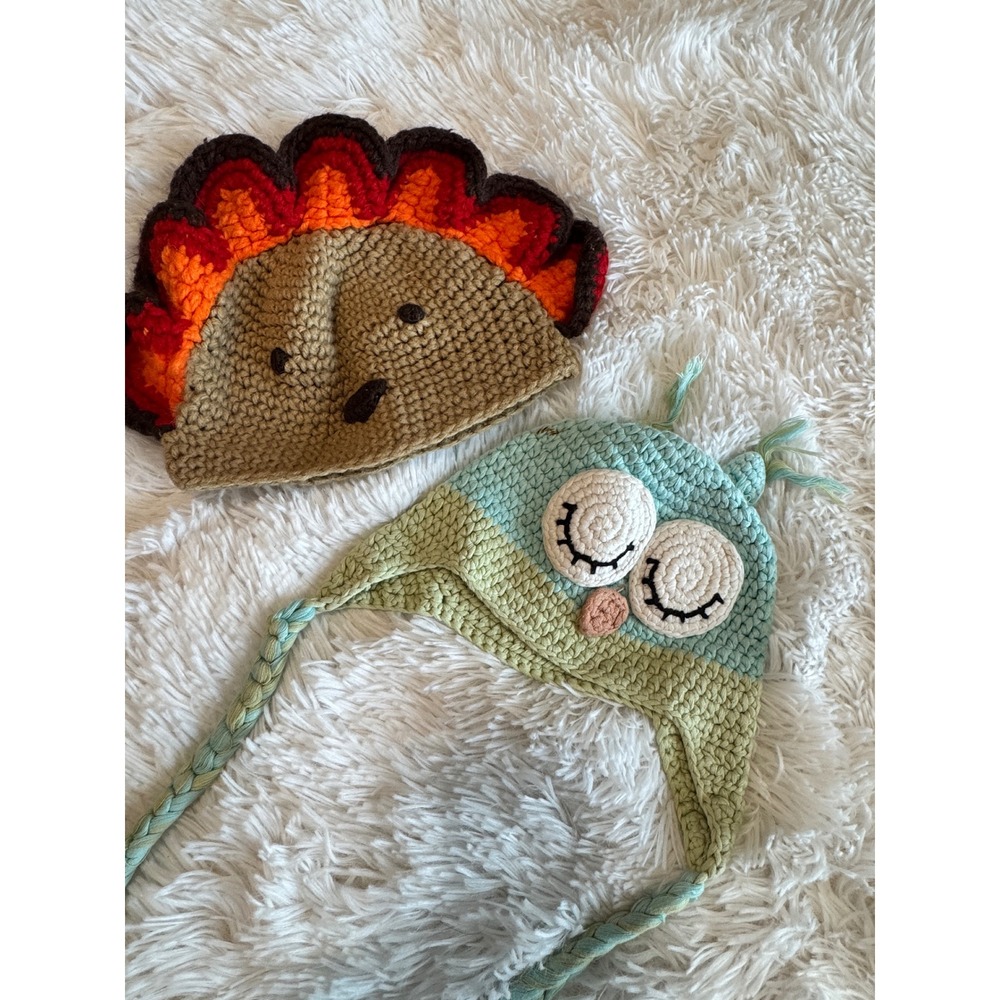 Baby Crochet Knit Beanie Bundle Turkey and Owl Animal Earflap Hats Set